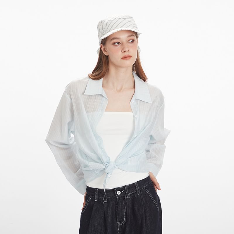 Pinstripe Collared Long-Sleeve Button-Down Shirt