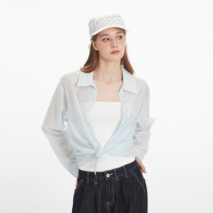 Pinstripe Collared Long-Sleeve Button-Down Shirt