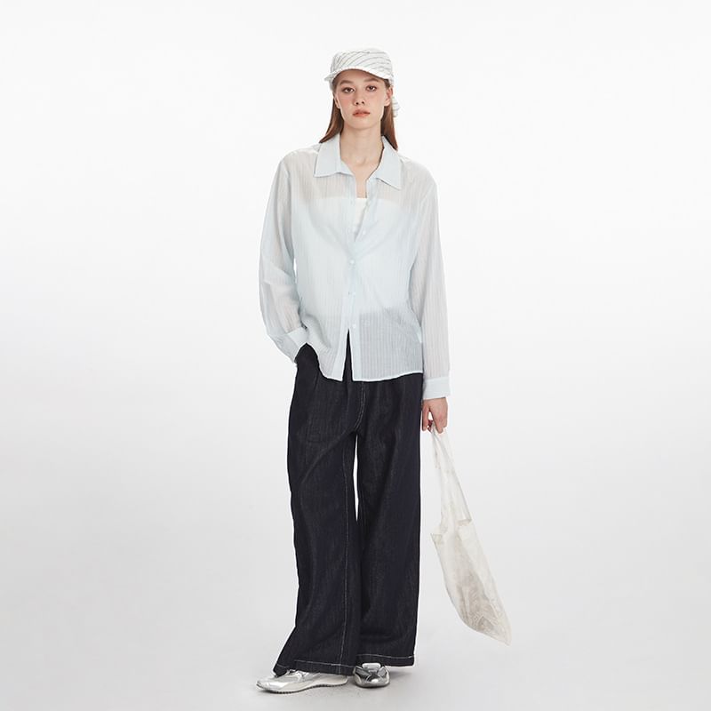 Pinstripe Collared Long-Sleeve Button-Down Shirt