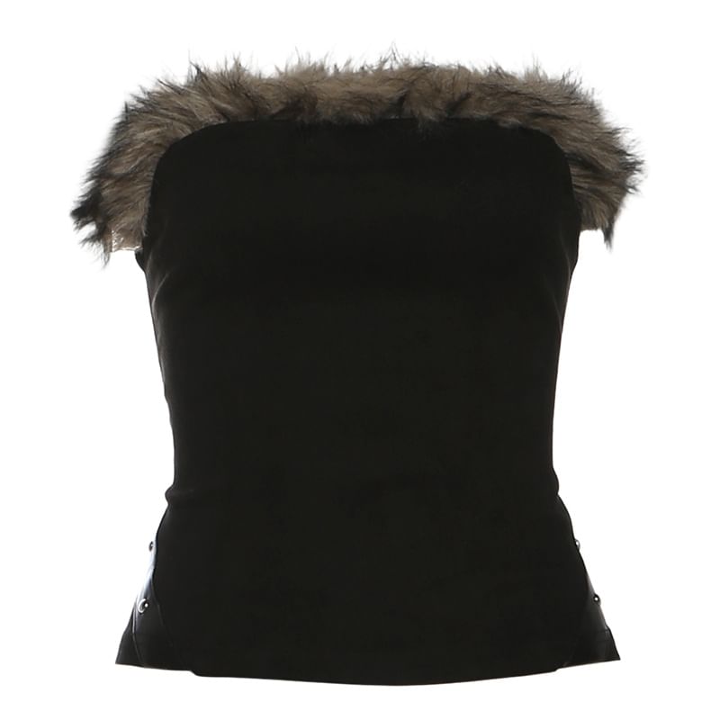 Faux-Fur Trim Tube Top and Low-Rise Mini Pencil Skirt Set