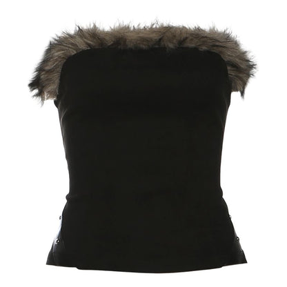Faux-Fur Trim Tube Top and Low-Rise Mini Pencil Skirt Set
