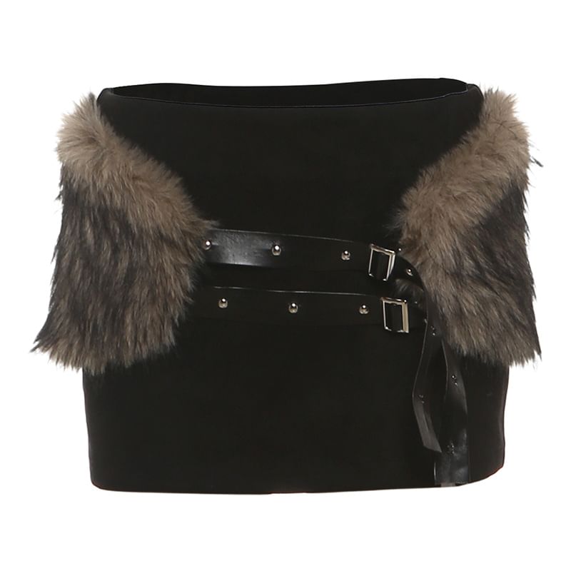 Faux-Fur Trim Tube Top and Low-Rise Mini Pencil Skirt Set