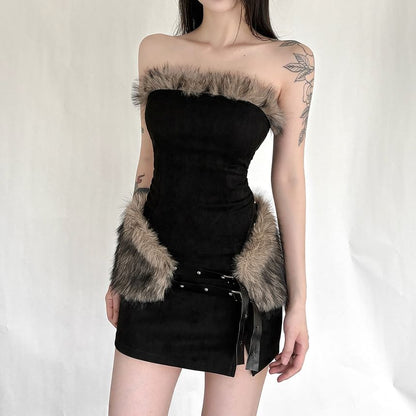 Faux-Fur Trim Tube Top and Low-Rise Mini Pencil Skirt Set