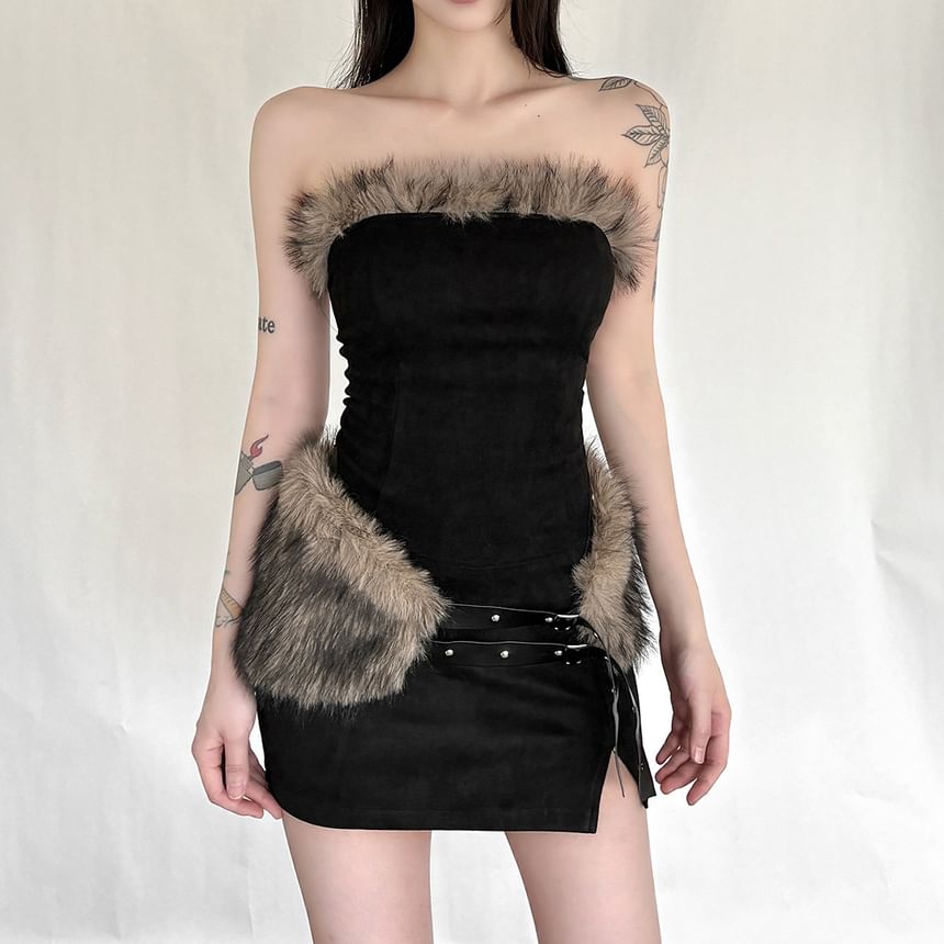 Faux-Fur Trim Tube Top and Low-Rise Mini Pencil Skirt Set