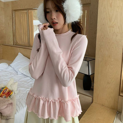 Ruffled-Hem Fitted Long-Sleeve Solid T-Shirt