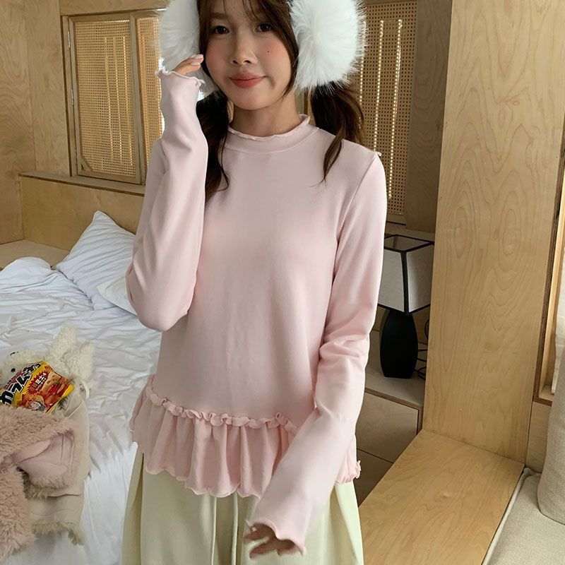 Ruffled-Hem Fitted Long-Sleeve Solid T-Shirt