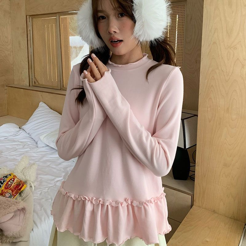 Ruffled-Hem Fitted Long-Sleeve Solid T-Shirt