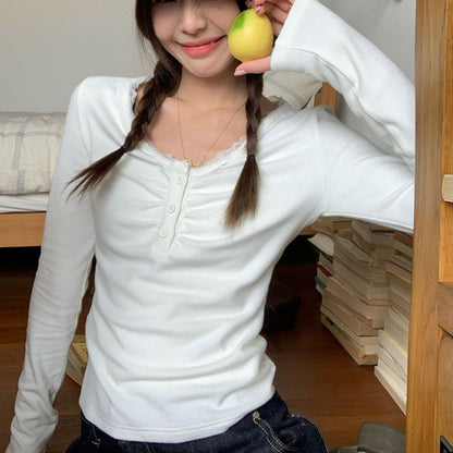 Lace-Trimmed Slim-Fit Long-Sleeve Solid Blouse