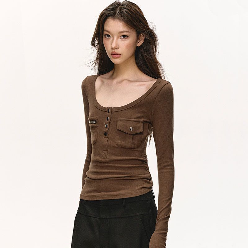 Scoop-Neck Slim-Fit Long-Sleeve Solid Tee