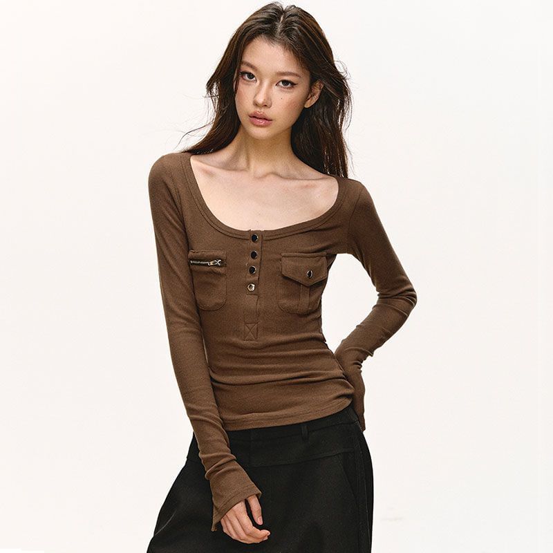 Scoop-Neck Slim-Fit Long-Sleeve Solid Tee