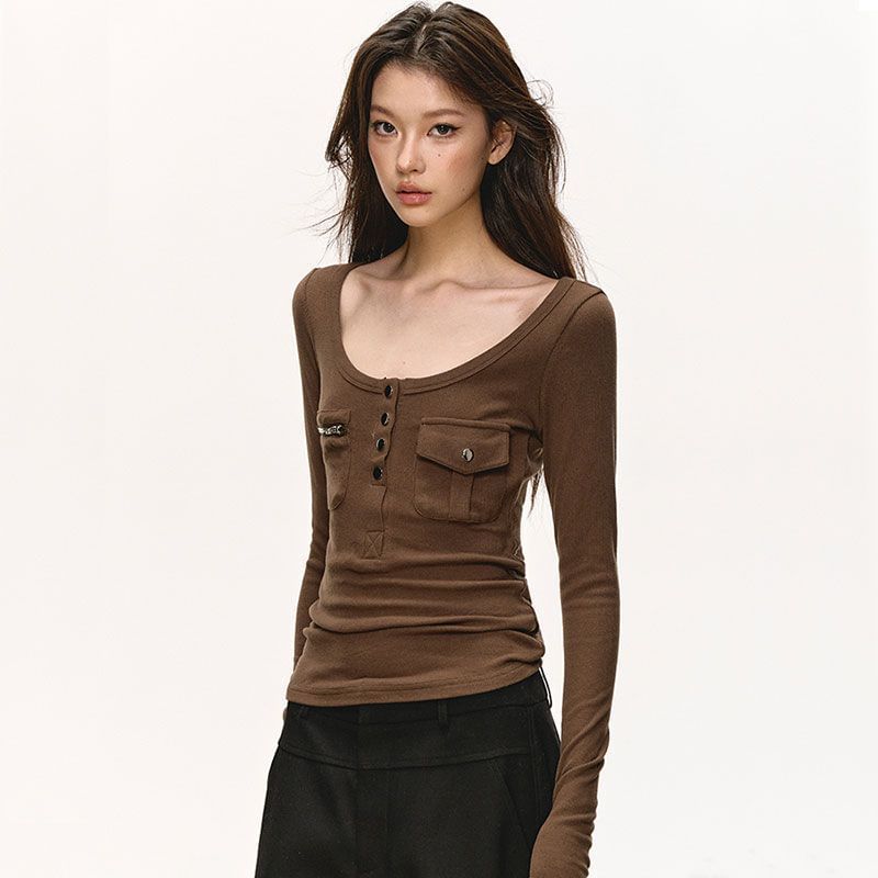 Scoop-Neck Slim-Fit Long-Sleeve Solid Tee