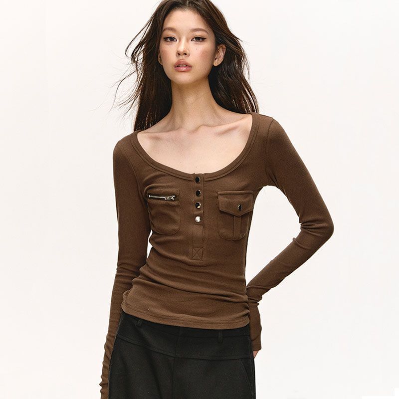 Scoop-Neck Slim-Fit Long-Sleeve Solid Tee