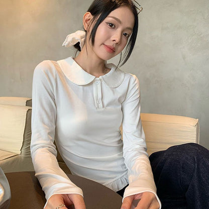 Peter Pan Collar Ruffled-Hem Fitted Long-Sleeve Blouse