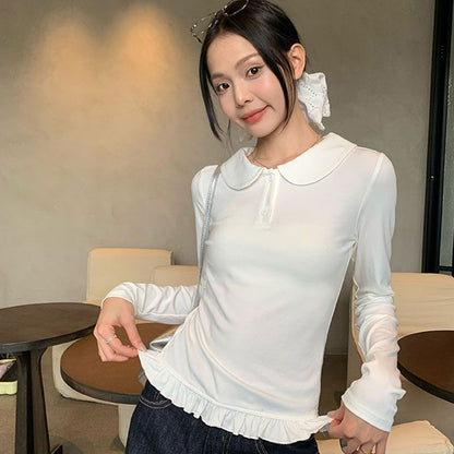 Peter Pan Collar Ruffled-Hem Fitted Long-Sleeve Blouse