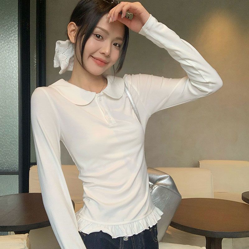 Peter Pan Collar Ruffled-Hem Fitted Long-Sleeve Blouse