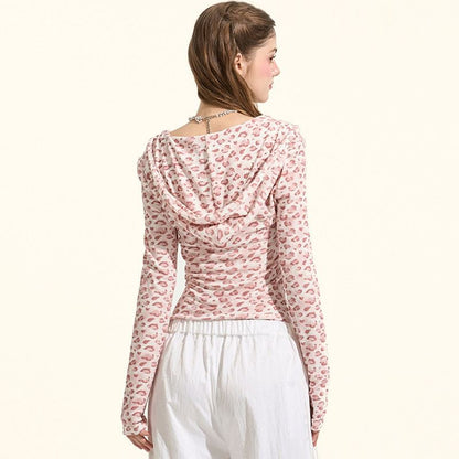 Leopard-Print V-Neck Fitted Long-Sleeve Hooded Tee