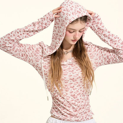 Leopard-Print V-Neck Fitted Long-Sleeve Hooded Tee