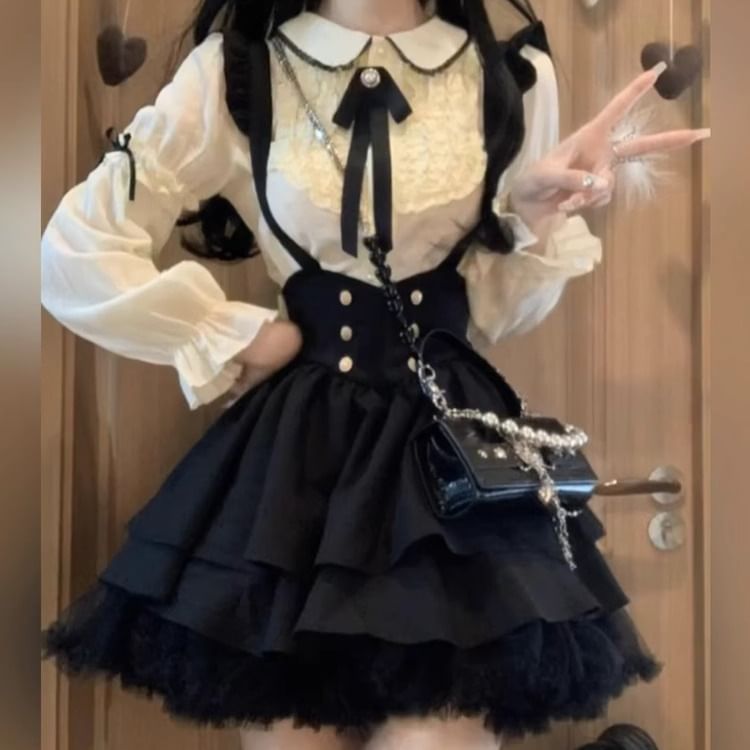 Lace Shirt and Tiered Mini Dress Set with Straps