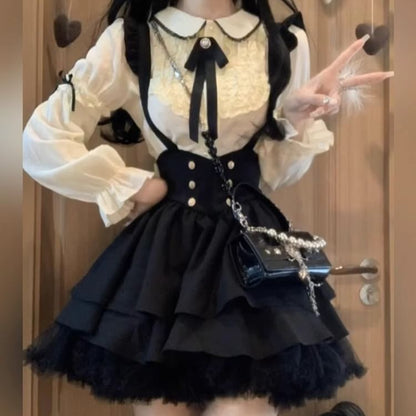 Lace Shirt and Tiered Mini Dress Set with Straps