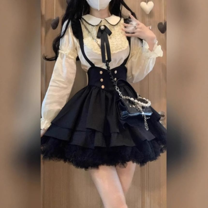 Lace Shirt and Tiered Mini Dress Set with Straps