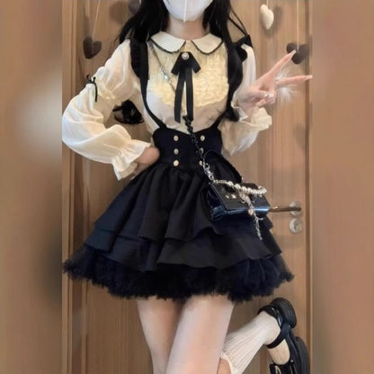 Lace Shirt and Tiered Mini Dress Set with Straps