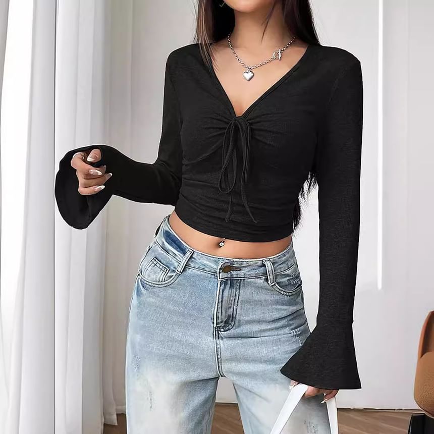 Crop Top with V-Neck and Long Sleeves in Solid Tone