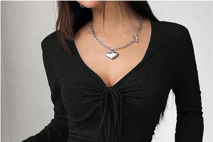 Crop Top with V-Neck and Long Sleeves in Solid Tone
