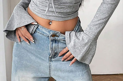 Crop Top with V-Neck and Long Sleeves in Solid Tone