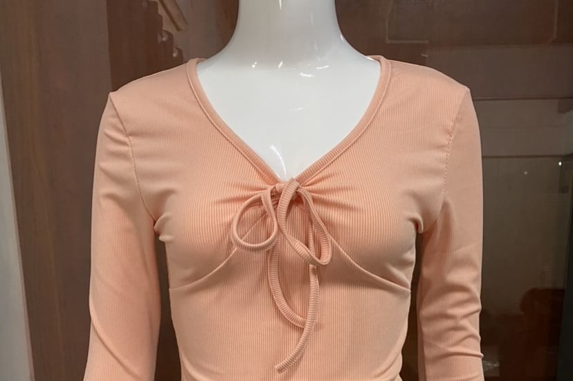Crop Top with V-Neck and Long Sleeves in Solid Tone