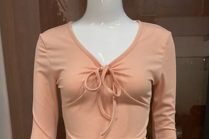 Crop Top with V-Neck and Long Sleeves in Solid Tone