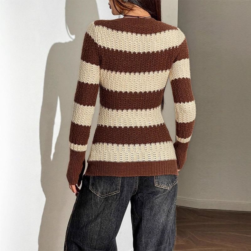 V-Neck Striped Knit Long-Sleeve Top