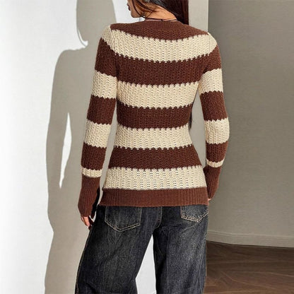 V-Neck Striped Knit Long-Sleeve Top