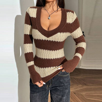 V-Neck Striped Knit Long-Sleeve Top