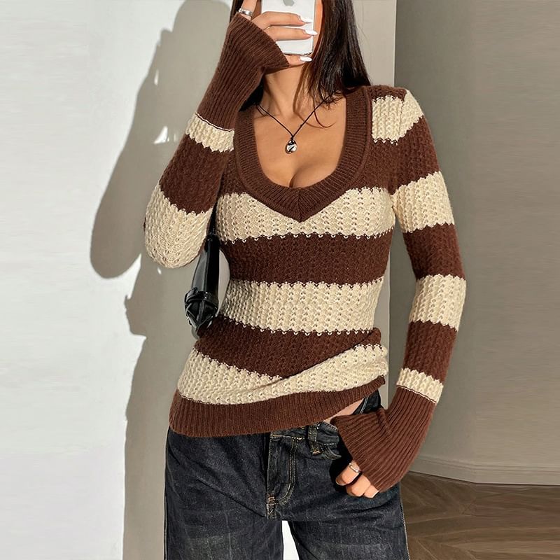 V-Neck Striped Knit Long-Sleeve Top
