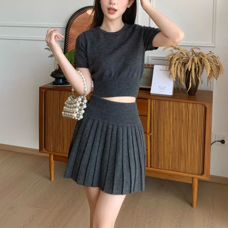3-Piece Set: Cardigan, Knit Top, High-Waist Pleated Mini Skirt