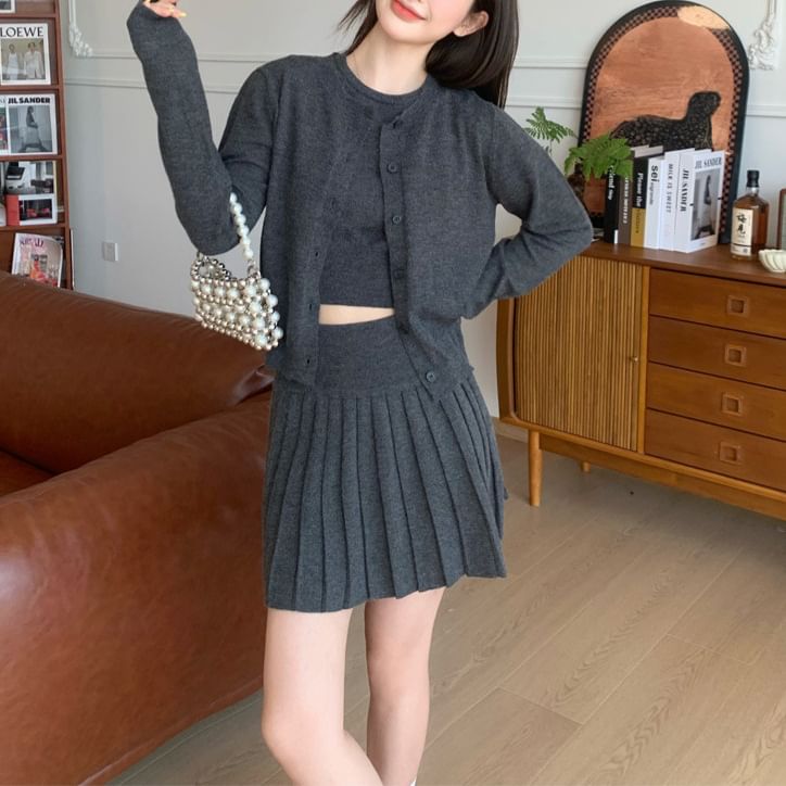 3-Piece Set: Cardigan, Knit Top, High-Waist Pleated Mini Skirt