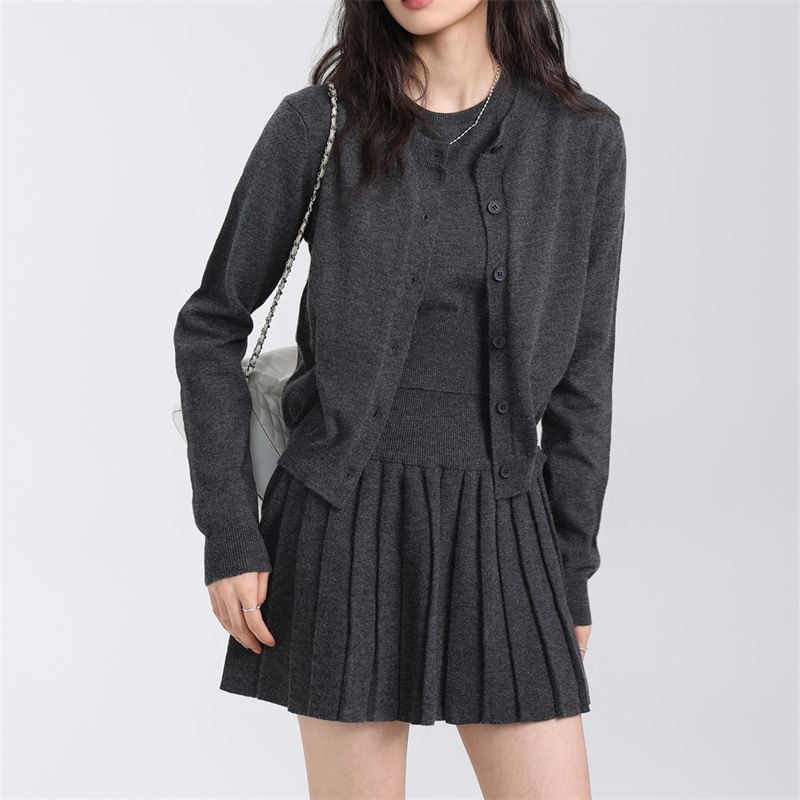 3-Piece Set: Cardigan, Knit Top, High-Waist Pleated Mini Skirt