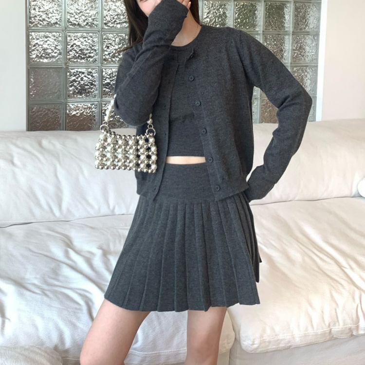 3-Piece Set: Cardigan, Knit Top, High-Waist Pleated Mini Skirt