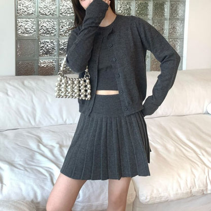 3-Piece Set: Cardigan, Knit Top, High-Waist Pleated Mini Skirt