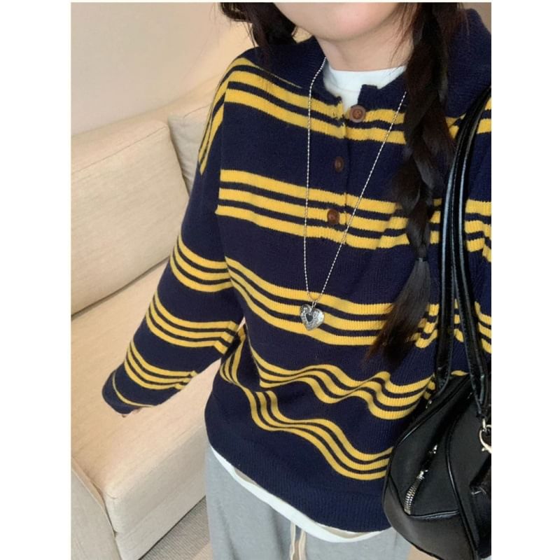 Striped Half-Button Loose-Fit Long-Sleeve Knit Sweater