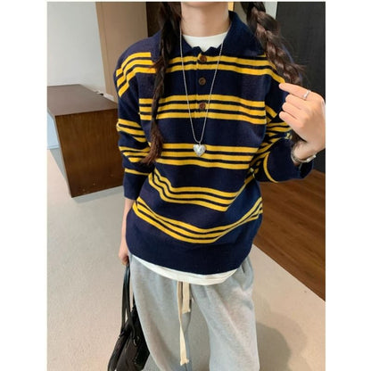 Striped Half-Button Loose-Fit Long-Sleeve Knit Sweater