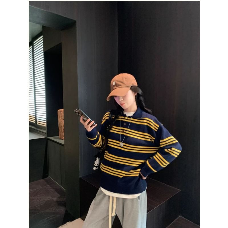 Striped Half-Button Loose-Fit Long-Sleeve Knit Sweater