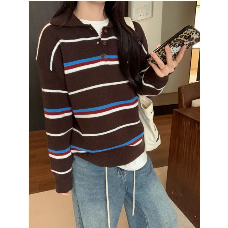 Striped Half-Button Loose-Fit Long-Sleeve Knit Sweater