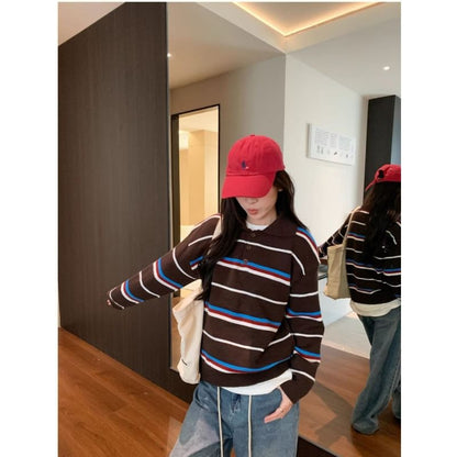 Striped Half-Button Loose-Fit Long-Sleeve Knit Sweater