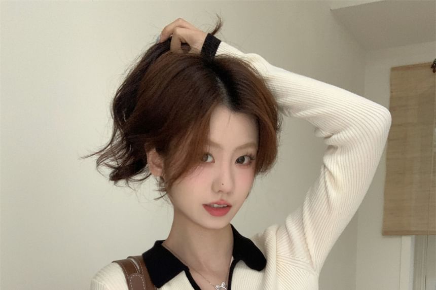Color-Block V-Neck Collared Fitted Long-Sleeve Knit Sweater