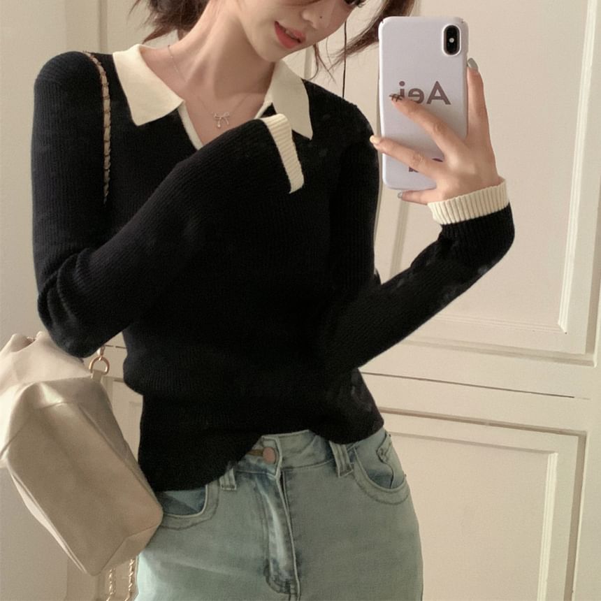 Color-Block V-Neck Collared Fitted Long-Sleeve Knit Sweater