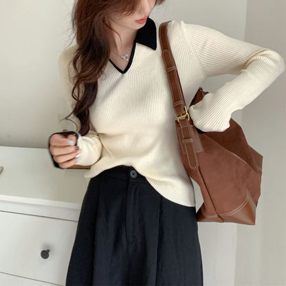 Color-Block V-Neck Collared Fitted Long-Sleeve Knit Sweater