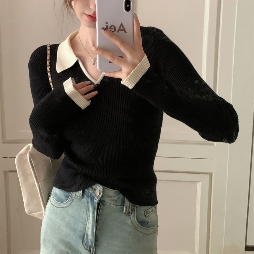 Color-Block V-Neck Collared Fitted Long-Sleeve Knit Sweater