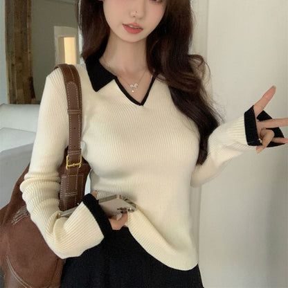 Color-Block V-Neck Collared Fitted Long-Sleeve Knit Sweater