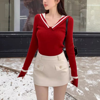 Sailor-Collar Ribbed Fitted Long-Sleeve Knit Pullover